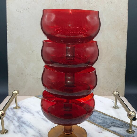 Vintage MCM Block Crystal Ruby And Amber Brandy Glasses With Cadmium Glow 1960's - Picture 4 of 17